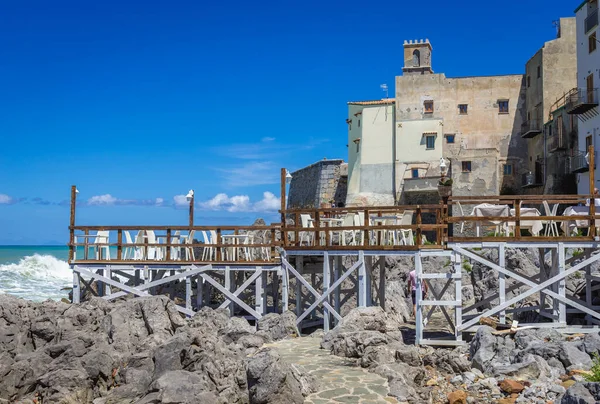 Tirrén Tengerpart Cefalu Város Szicília Sziget Olaszországban Kilátás Santa Maria — Stock Fotó