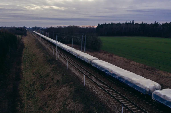 Vue Par Drone Train Marchandises Dans Région Lodzkie Pologne — Photo