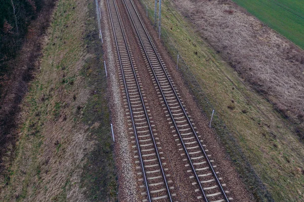 Drone Uitzicht Dijk Van Spoorlijnen Buurt Van Rogow Dorp Lodzkie — Stockfoto