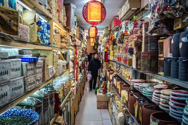Peking Čína Února 2019 Interiér Tradičního Obchodu Dashilan Hutong Slavná — Stock fotografie