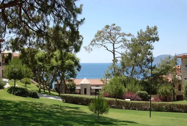 Pohled na zelené území, borovice a modré moře v hotelu. — Stock fotografie