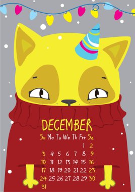 Şapka ve çelenk altında kazak Noel kedi. Aralık Takvim