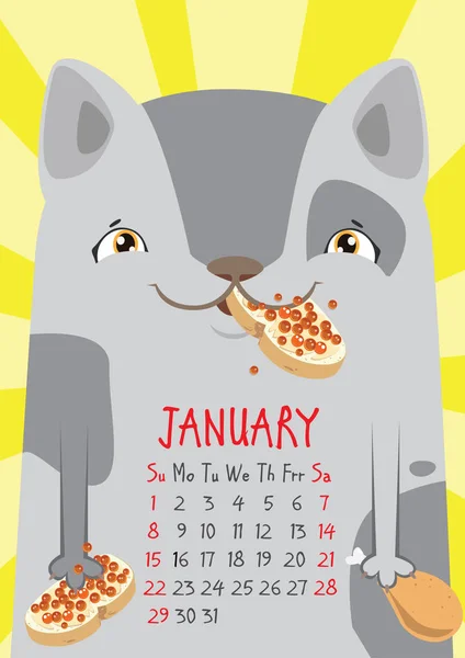 Kırmızı havyar sandviçi ağzını ve pençeleri ve Sarı zemin üzerine gri bir kedi gördüm. Ocak takvim. — Stok Vektör