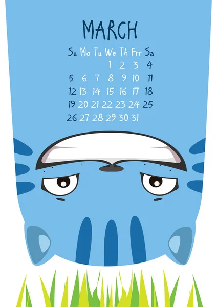 Lächelnde blaue Katze kopfüber auf dem grünen Gras. cheshire cat. Märzkalender — Stockvektor