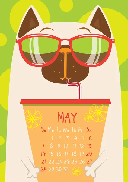 Chat siamois blanc dans des lunettes de soleil avec tasse de café. Calendrier de mai — Image vectorielle