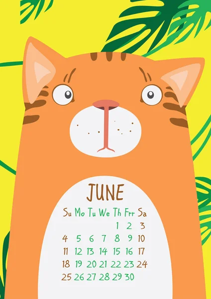 Πορτοκαλί γάτα σε κίτρινο φόντο με πράσινα φύλλα. Ιούνιος ημερολόγιο — Διανυσματικό Αρχείο