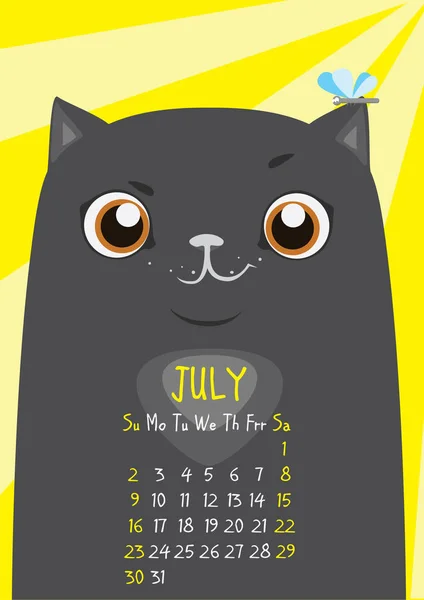 Cute black cat on a yellow background with a dragonfly on his ear. July calendar — Stock Vector
