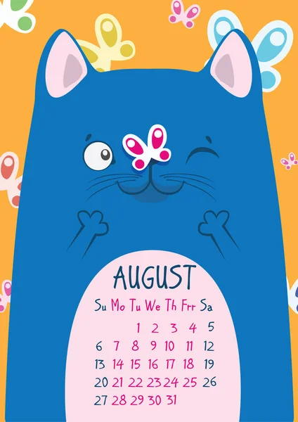 Gatto blu sullo sfondo di farfalle con una farfalla sul naso. Calendario di agosto — Vettoriale Stock