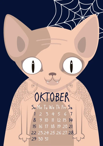 Gato esfinge con tatuajes en peces Vila sobre un fondo oscuro con telas de araña. Gato calvo. Calendario de octubre — Archivo Imágenes Vectoriales