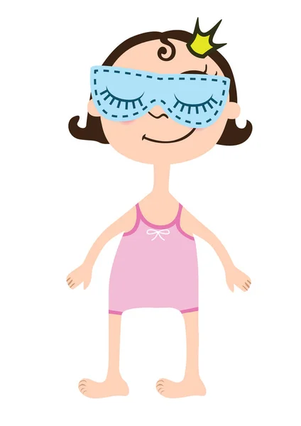 Menina dos desenhos animados em roupas de dormir rosa com máscara de dormir nos olhos. Princesa com coroa —  Vetores de Stock