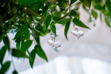 Yeşil Ruscus yaprakları ve bir kalp şeklinde kristal kolye. Düğün kavramı