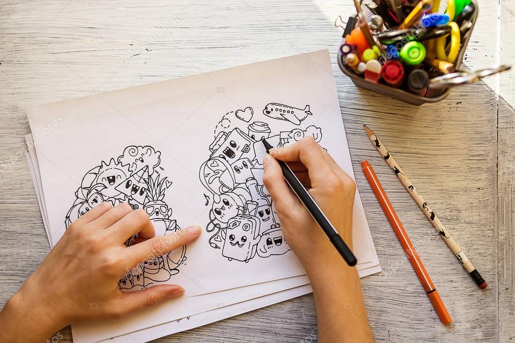 Der Prozess des Zeichnens Kritzeleien mit einem Stift. Antistress