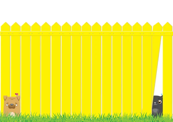 Desenhos animados cão e gato na cerca amarela — Vetor de Stock