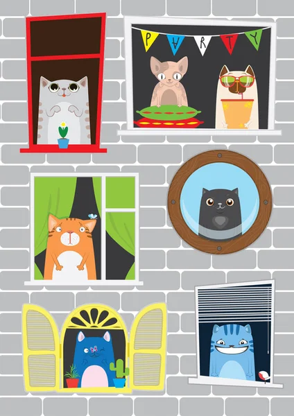 Divertidos gatos de dibujos animados en la ventana — Vector de stock