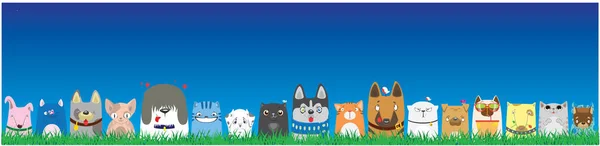 Cartoon dogs and cats on blue sky background. Cute pets background. Banner — Stock Vector