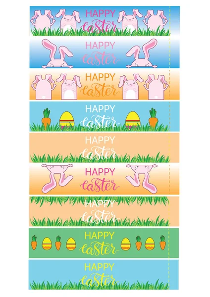 Banner de Pascua con banny, huevos y zanahorias. Plantilla de decoración de Pascua. Diseño de envasado vectorial para huevos — Vector de stock