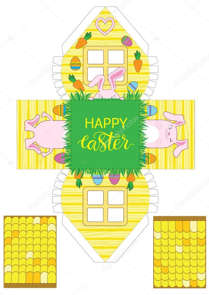 Printable gift easter house with banny, eggs and carrots. Easter Decor template 3 d house. Easy for installation - print, cut, fold it. House 3d Paper Craft. Vector packaging design for sweets
