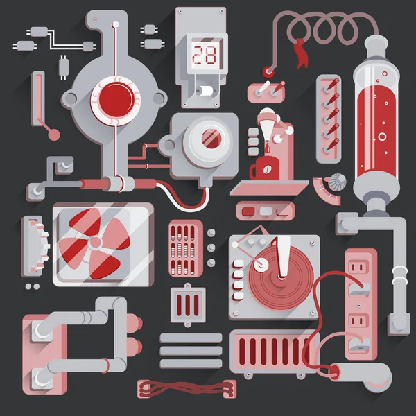 Maschinenmechanische Teile Hintergrund. Steampunk-Illustration mehrerer Elemente, die durch Drähte und Rohre verbunden sind. — Stockvektor