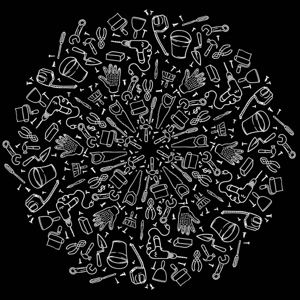 Vignetta rotonda di strumenti di riparazione. Ristrutturazione della Mandala House. Strumenti di scarabocchi in bianco e nero — Vettoriale Stock