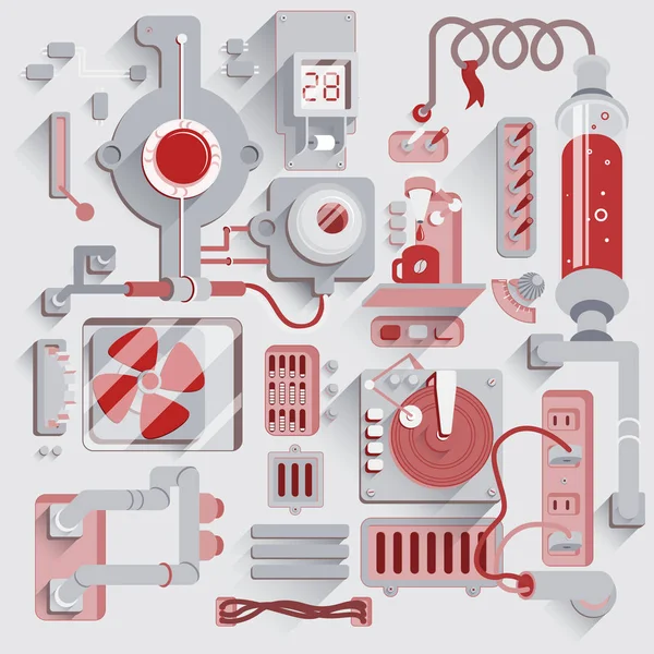 Máquina mecánica partes de fondo. Steampunk Ilustración de múltiples elementos conectados por cables y tuberías . — Archivo Imágenes Vectoriales
