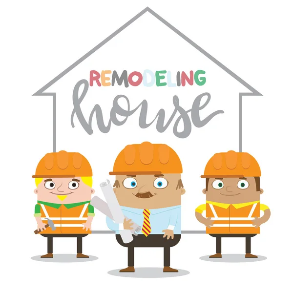 Colorful construction workers in helmets for different house remodeling. Remodeling house — Stock Vector