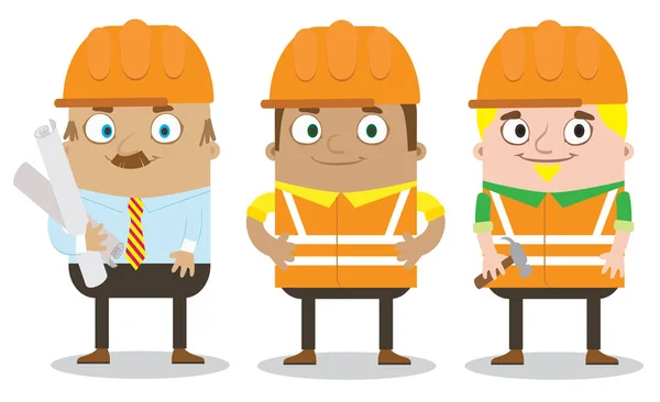 Coloridos trabajadores de la construcción en cascos para diferentes remodelaciones de casas . — Vector de stock