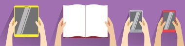 Holding eller açık kitap, akıllı telefonlar ve tablet bilgisayar. Üstten Görünüm. Düz tasarım modern vektör illüstrasyon izole mor arka plan üzerinde. Okuma kavramı