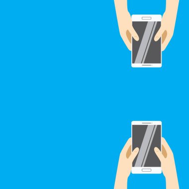 Mavi bir arka plan üzerinde beyaz akıllı telefonlar holding eller. Düz tasarım vektör çizim. Web tasarım, promosyon şablonlar, infographics için kavram. vektör çizim