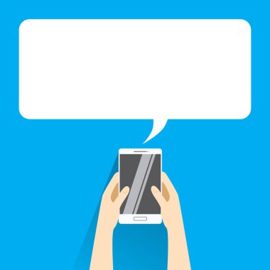 Elleri boş konuşma balonu için metin ile beyaz smartphone kaçmak. Metin ileti düz tasarım konsepti. 