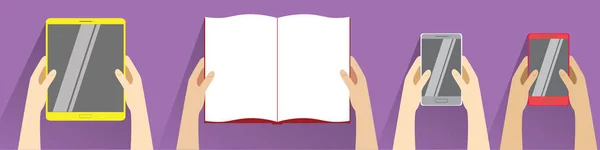 Holding eller açık kitap, akıllı telefonlar ve tablet bilgisayar. Üstten Görünüm. Düz tasarım modern vektör illüstrasyon izole mor arka plan üzerinde. Okuma kavramı