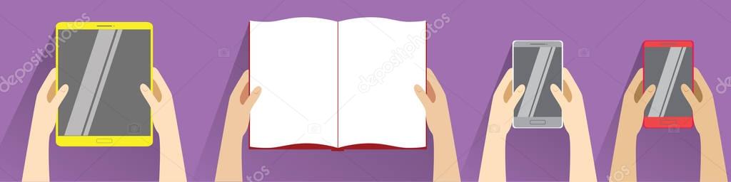 Hands holding open book, smartphones and tablet computer. Top view. Flat design modern vector illustration isolated on violet background. Reading concept