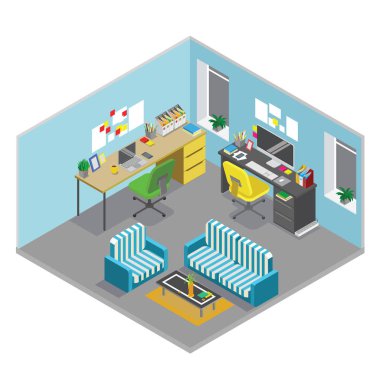 3D izometrik soyut office kat iç bölümleri kavramı vektör düz. Office çalışma alanı. Oda ofis.