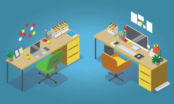 İzometrik office kavramı vektör çizim. İşyerlerinde iç küme: Ofis Masası, modern sandalye, masaüstü bilgisayar, lamba, çöp sepeti kitaplar, klavye.