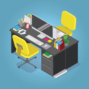 İzometrik office kavramı vektör çizim. İşyerlerinde iç küme: Ofis Masası, modern sandalye, masaüstü bilgisayar, lamba, çöp sepeti kitaplar, klavye.