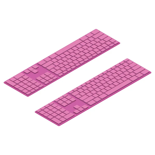 Розовые изометрические клавиатуры PC. Объекты изолированы. Розовая беспроводная компьютерная клавиатура Изометрическая векторная иллюстрация создана для мобильных устройств, веб, декора, печатных продуктов, приложений на белом фоне — стоковый вектор