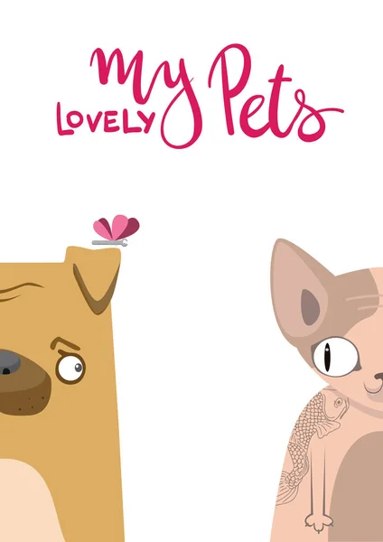 Perro y gato de dibujos animados. Lindo fondo mascotas. Banner mis adorables mascotas . — Vector de stock