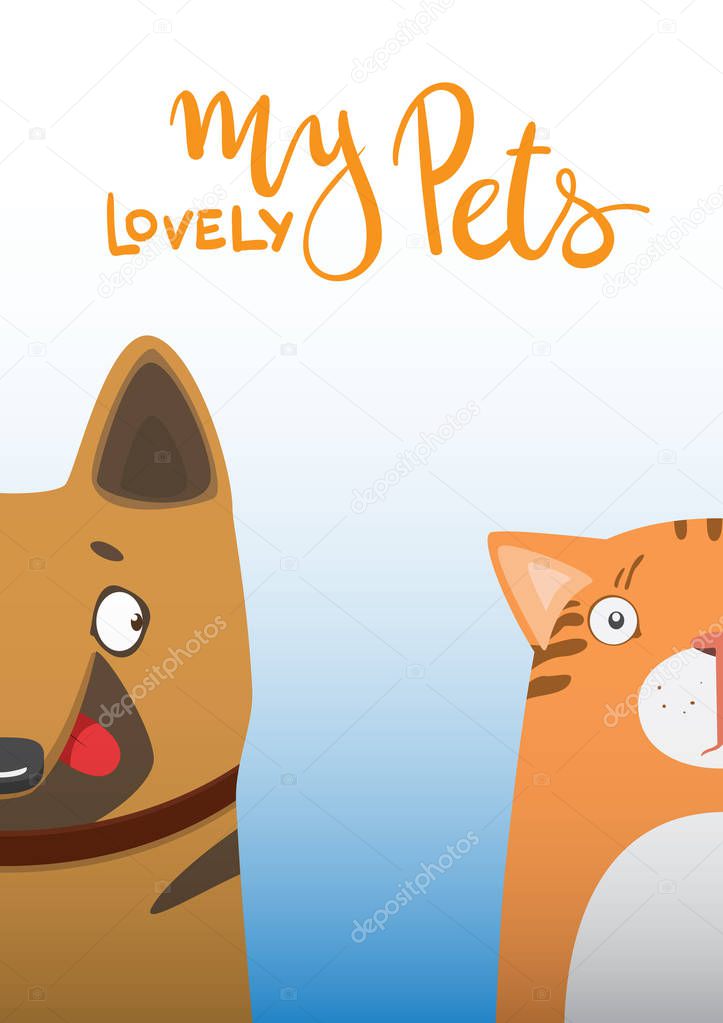 Cartoon dog and cat. Cute pets background. Banner my lovely pets.