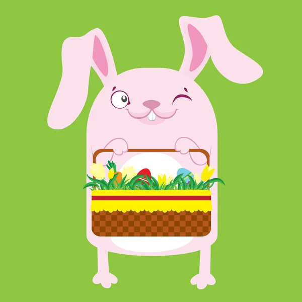 Conejo con cestas de Pascua con huevos . — Vector de stock