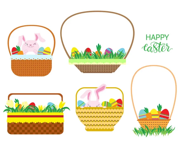 Cestas de Pascua con huevos de Pascua, zanahorias y conejos aislados sobre fondo blanco . — Vector de stock
