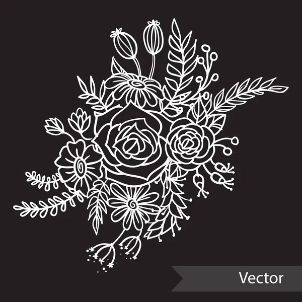 Hermoso ramo de flores diferentes sobre fondo negro. Estilo monocromo. Arte de línea vectorial . — Archivo Imágenes Vectoriales