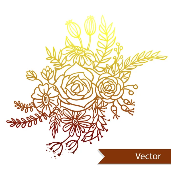 Belo buquê de flores diferentes no fundo branco. Arte de linha vetorial . — Vetor de Stock