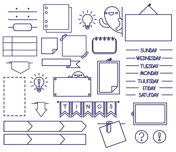 Pictogrammen voor opsommingsteken journal. Dagen van de week, stickers, herinneringen. — Stockvector