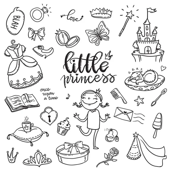 Küçük Prenses komik grafik kümesi. Kız Giydir, kelebek, mirro — Stok Vektör