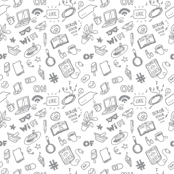 Social media voor meisjes schets vector naadloze doodle patroon — Stockvector