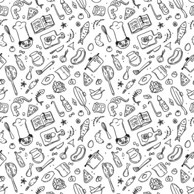 Şef Aşçı ayarla çizilmiş doodle yiyecek ver. Seamless modeli