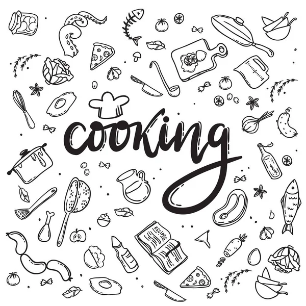 Cozinhar letras. Conjunto de alimentos com rabiscos desenhados à mão — Vetor de Stock