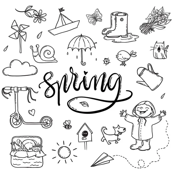 Hand drawn lettering spring funny graphic set. Umbrella, paper b — Stock Vector