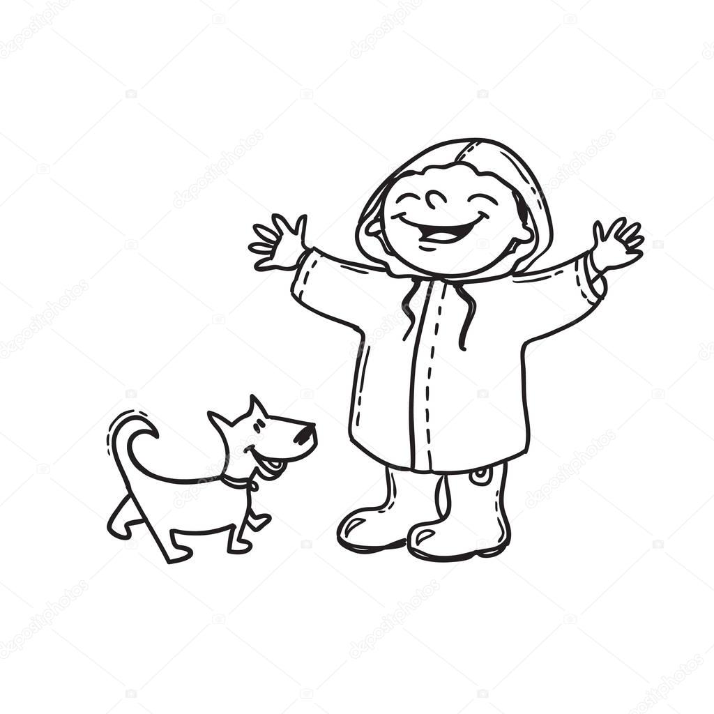 Joyful boy in raincoat with dog. Hand drawn doodle, Spring concept.