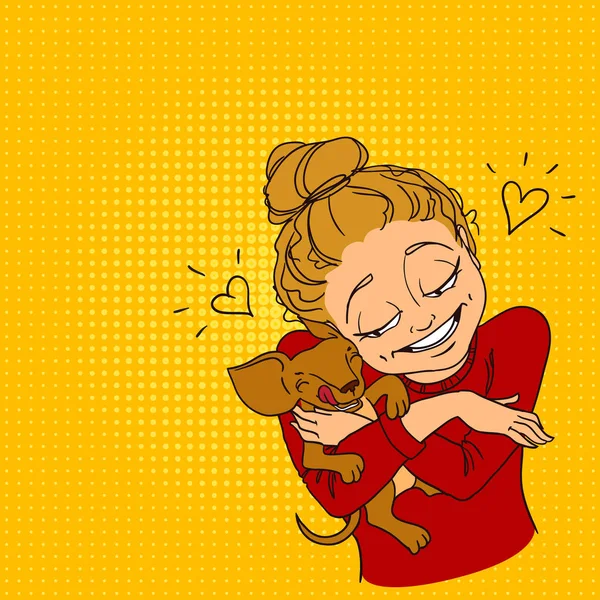 Köpek ile Pop art kız. Komik mutlu kız küçük köpek sarılma. Vect
