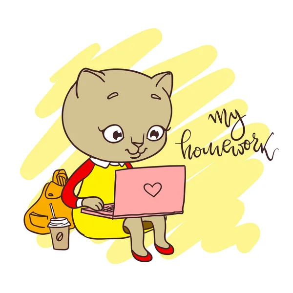 Χαριτωμένο γατάκι με φορητό υπολογιστή. Επιγραφή: τα μαθήματά μου — Διανυσματικό Αρχείο